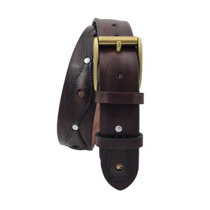 Siviglia - Cintura 4 cm in cuoio con inserti anticati, pitone, borchie e fibbia a rullo in ottone