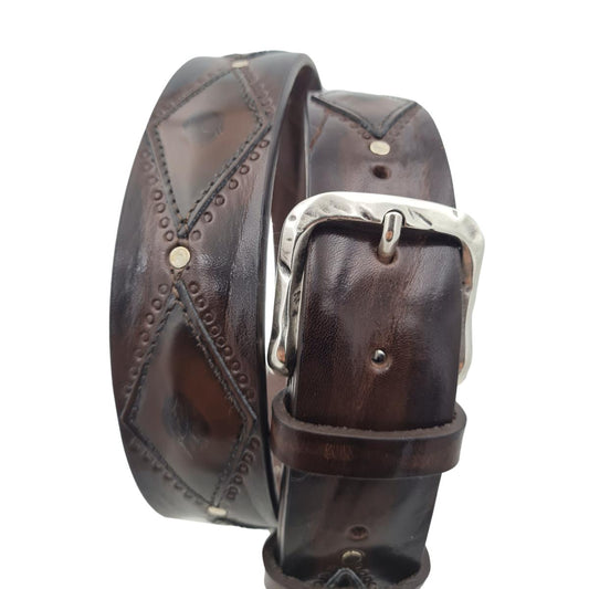Antiqued Rhombus - Cintura 4 cm in Cuoio con rombi sfumati a mano con fibbia lavorata