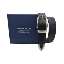 Carica l'immagine nel visualizzatore di Gallery, Cintura 3,5 cm in cuoio Nero con Passante e puntale metallici con fantasie tribali