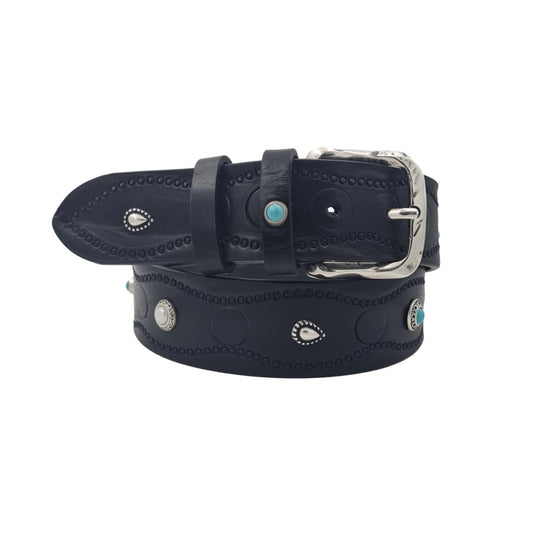 Cintura 4 cm in cuoio Nero lavorato a mano e intarsiato da borchie metalliche celeste e argento