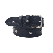 Carica l'immagine nel visualizzatore di Gallery, Cintura 4 cm in cuoio Nero lavorato a mano e intarsiato da borchie metalliche celeste e argento