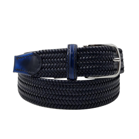 Etruria - Cintura elastica in cuoio intrecciato 3,5 cm con fibbia in ottone e puntali anticati a mano