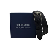 Carica l'immagine nel visualizzatore di Gallery, Becky - Cintura 3 cm in cuoio Nero ricamato a mano con borchie metalliche e fibbia rettangolare