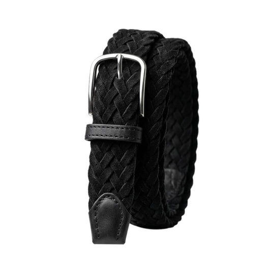 Cintura Intrecciata 3,5 cm in Pelle Scamosciata foderata in Cotone con fibbia anallergica - Nero