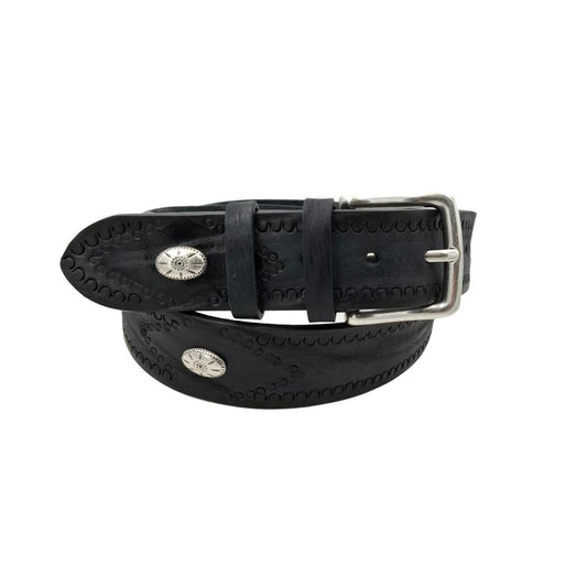 Black Washed - Cintura 4 cm in cuoio effetto Washed con borchie,ricami e fibbia in ottone