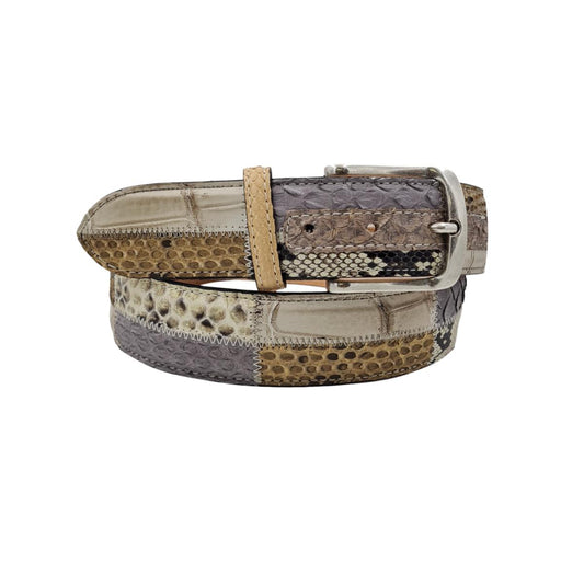 Cintura Beige Patchwork 4 cm in vero pitone e vero coccodrillo con fibbia Nichel free