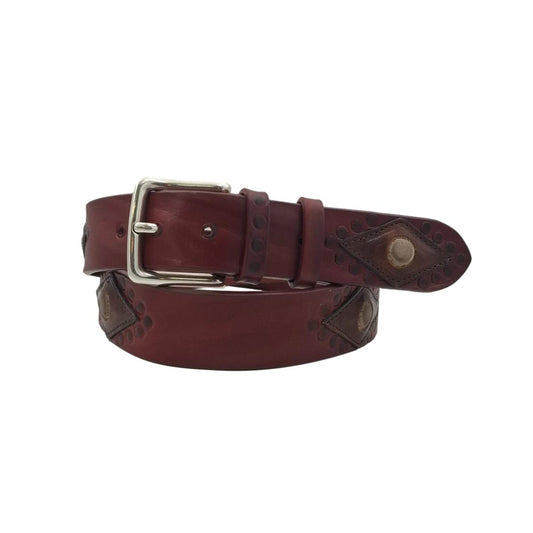Cintura 4 cm in cuoio lavorato e anticato con ricami e fibbia in ottone