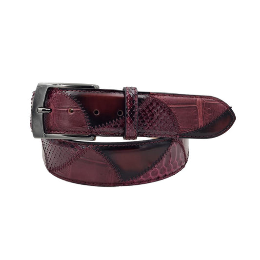 Vela Antiqued - Cintura 4 cm in Vero Pitone, Coccodrillo e cuoio anticato a mano - Porpora