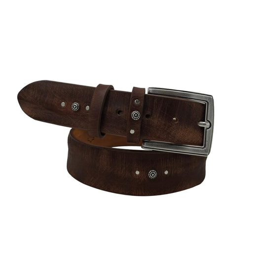 Washed Royal - Cintura in cuoio di toro Marrone effetto Washed con borchie e fibbia lavorata - ESPERANTOBELTS