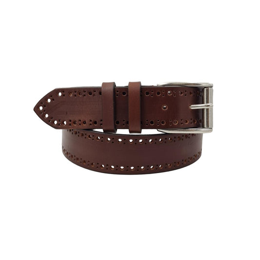 Cintura 4 cm in cuoio Rum ingrassato e traforato a mano con fibbia a rullo Vintage