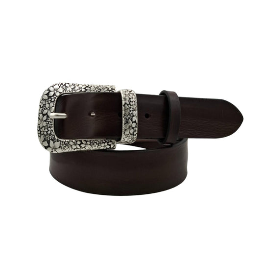 Ninfea - Cintura color Moroin cuoio di toro con fibbia e passante metallici con fantasie floreali (TAGLIE XXL) - ESPERANTOBELTS