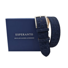 Carica l'immagine nel visualizzatore di Gallery, Botswana - Cintura 4 cm in coccodrillo effetto Nabuk Blu scuro con fibbia satinata