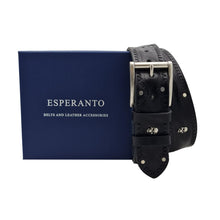 Carica l'immagine nel visualizzatore di Gallery, Black Skull - Cintura in cuoio nero con borchie a teschio e tonde e fibbia in ottone