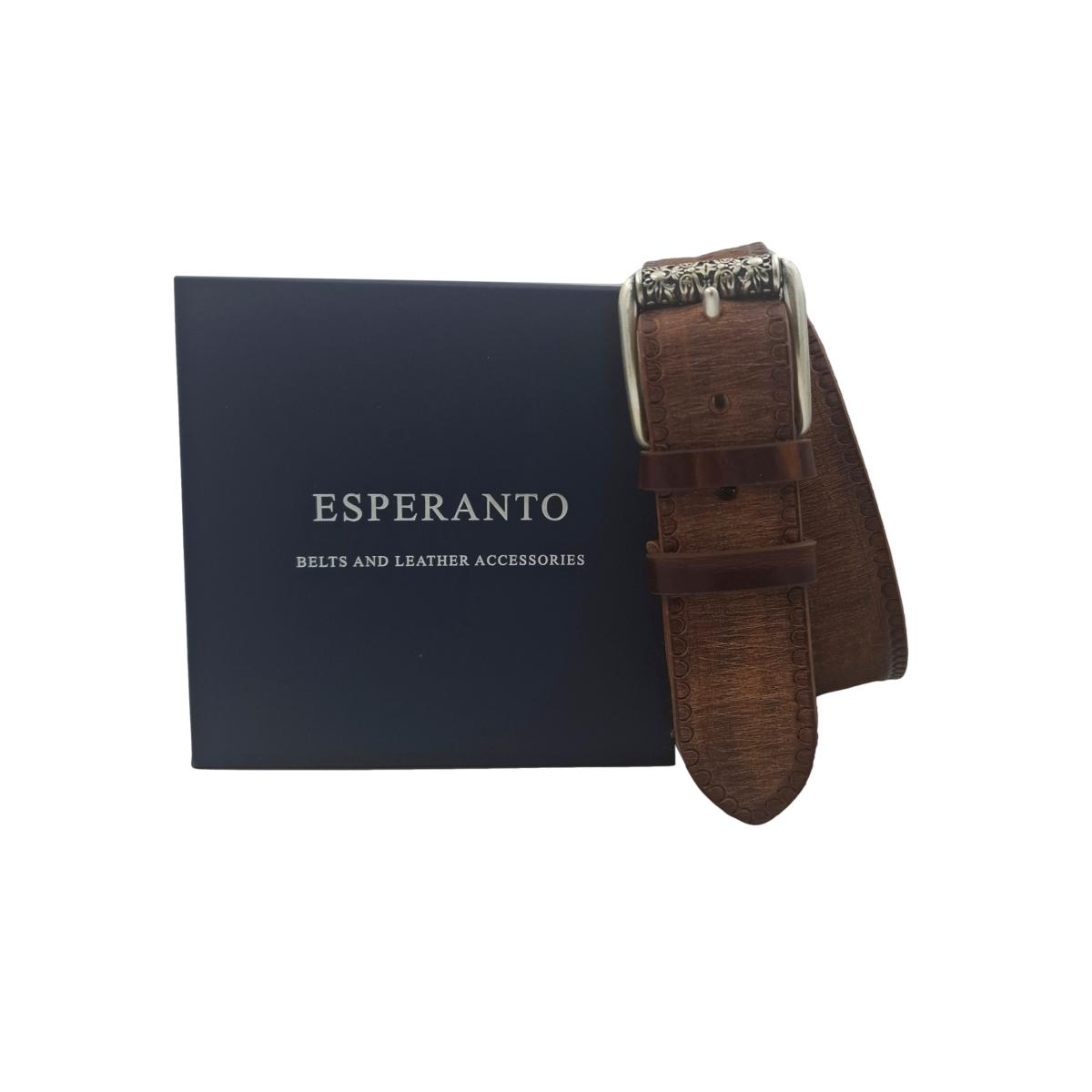 Rustic - Cintura 4 cm in cuoio di toro cognac smerigliato con fibbia a rullo lavorato