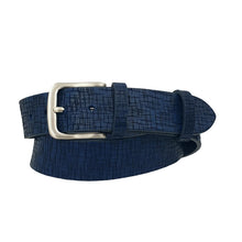 Carica l'immagine nel visualizzatore di Gallery, Cintura vero Cuoio 4 cm Accorciabile, fibbia  Satinata anallergica, Linea "Corteccia " - Blu