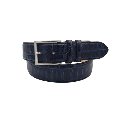Cintura 4 cm in vero cuoio stampa Coccodrillo ,Fodera in pelle e Fibbia Nichel free - Blu