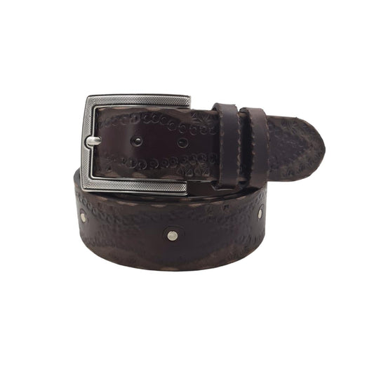 Cintura 4 cm in cuoio Moro ricamato con fibbia Lavorata e borchie metalliche