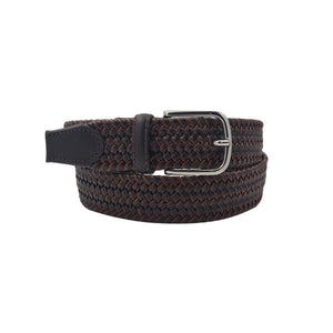 Cotton & Leather - Cintura 3,5 cm intrecciata elastica in cuoio e cotone con fibbia anallergica - Moro / Nocciola
