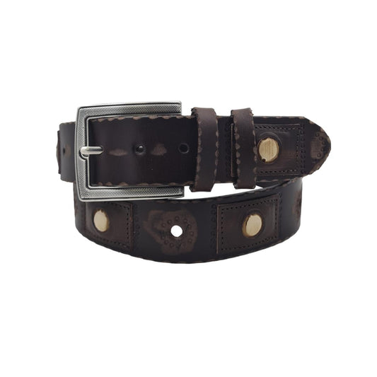 Cintura 4 cm in cuoio di toro traforata con inserti anticati e fibbia zigrinata