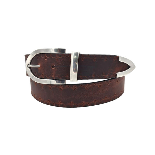 Cintura 3,5 cm in cuoio ingrassato Rum con Passante e puntale metallici con fantasie tribali - ESPERANTOBELTS