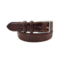 Carica l'immagine nel visualizzatore di Gallery, Cintura  3,5 cm in vero Coccodrillo Cognac lucido con fibbia argentata anallergica