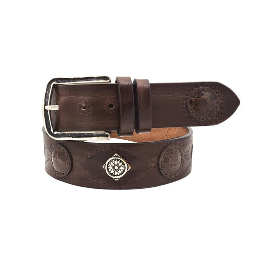 Cintura 4 cm in vero cuoio con borchie metalliche e decori circolari in vero coccodrillo