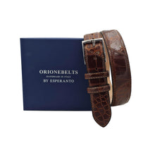 Carica l'immagine nel visualizzatore di Gallery, Cintura  3,5 cm in vero Coccodrillo Cognac lucido con fibbia argentata anallergica