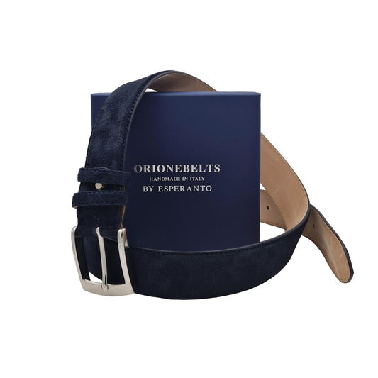 Cintura Uomo 4 cm in Pelle Scamosciata , fodera in pelle e fibbia anallergica - Blu