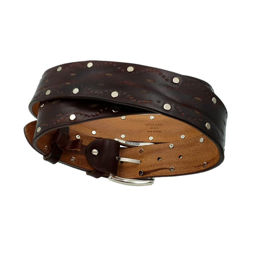 Cintura 4 cm in Cuoio colore Rum abrasivato con borchie metalliche, fibbia Argento vecchio