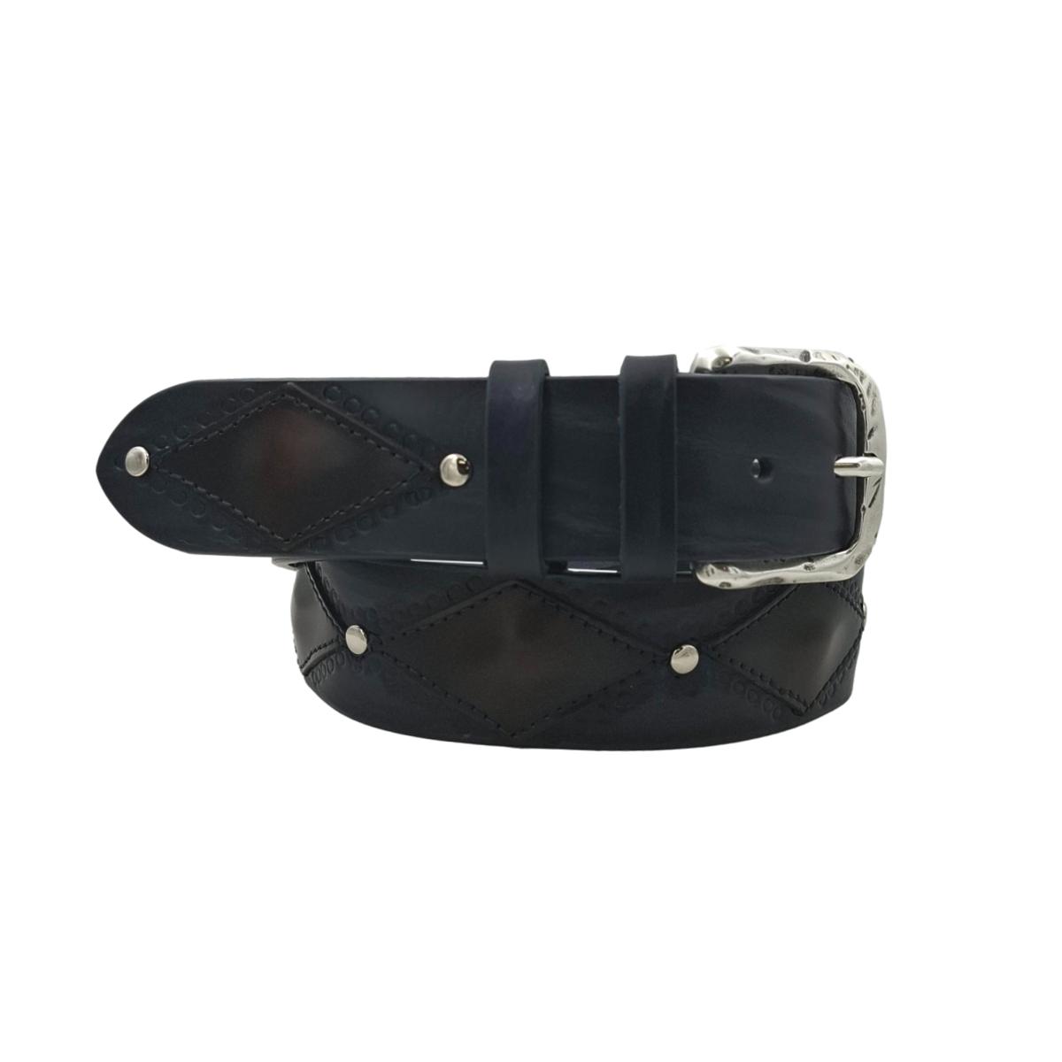 Antiqued Rhombus - Cintura 4 cm in Cuoio con rombi sfumati a mano con fibbia lavorata