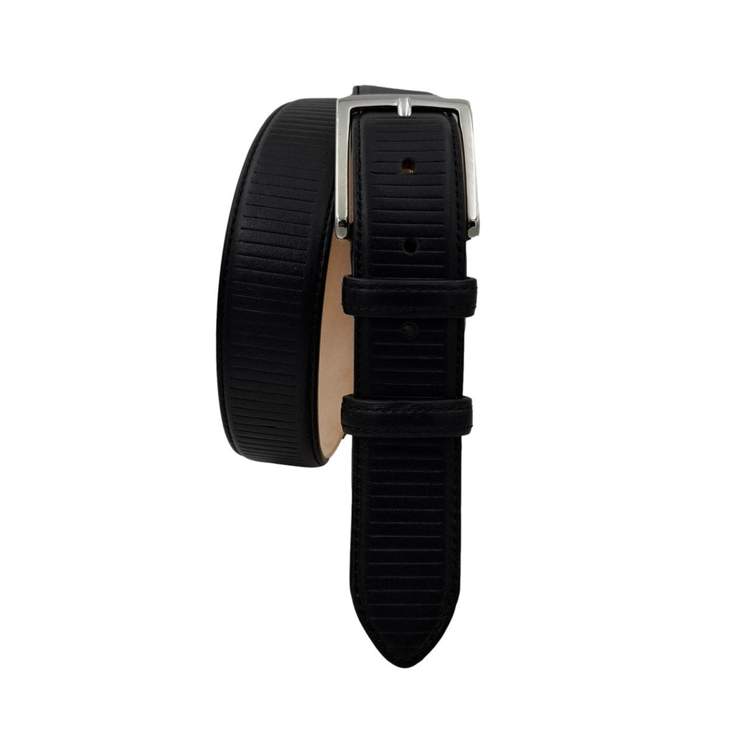 🔥NOVITA' 🔥 Cintura classica in vitello 3,5 nera con righe decorative e fibbia argentata