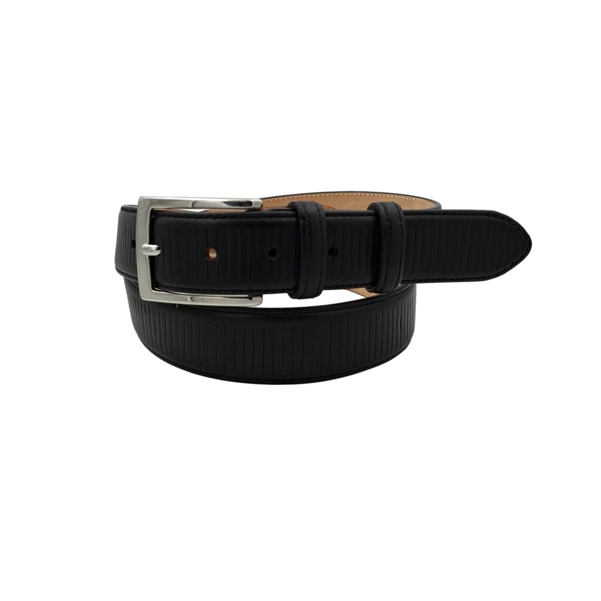 Cintura classica in vitello 3,5 nera con righe decorative e fibbia argentata