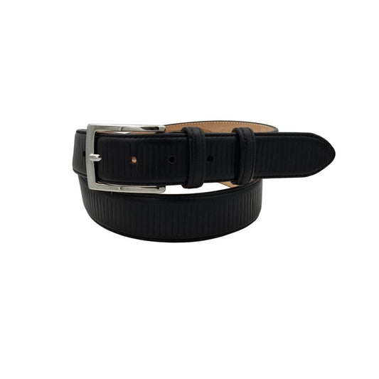 Cintura classica in vitello 3,5 nera con righe decorative e fibbia argentata