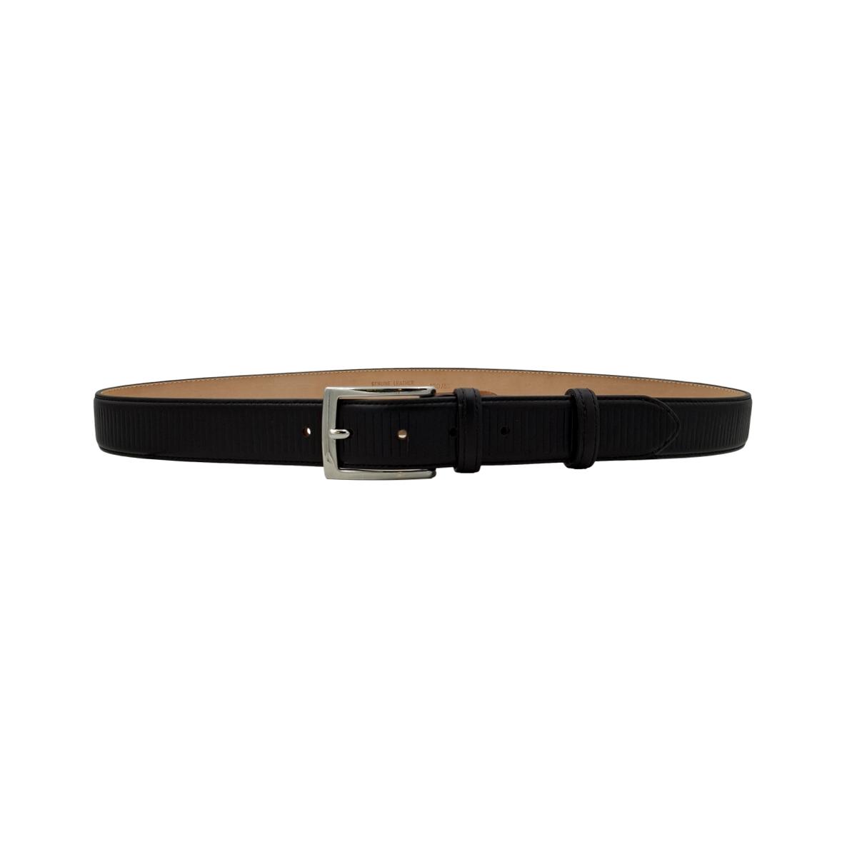 Cintura classica in vitello 3,5 nera con righe decorative e fibbia argentata