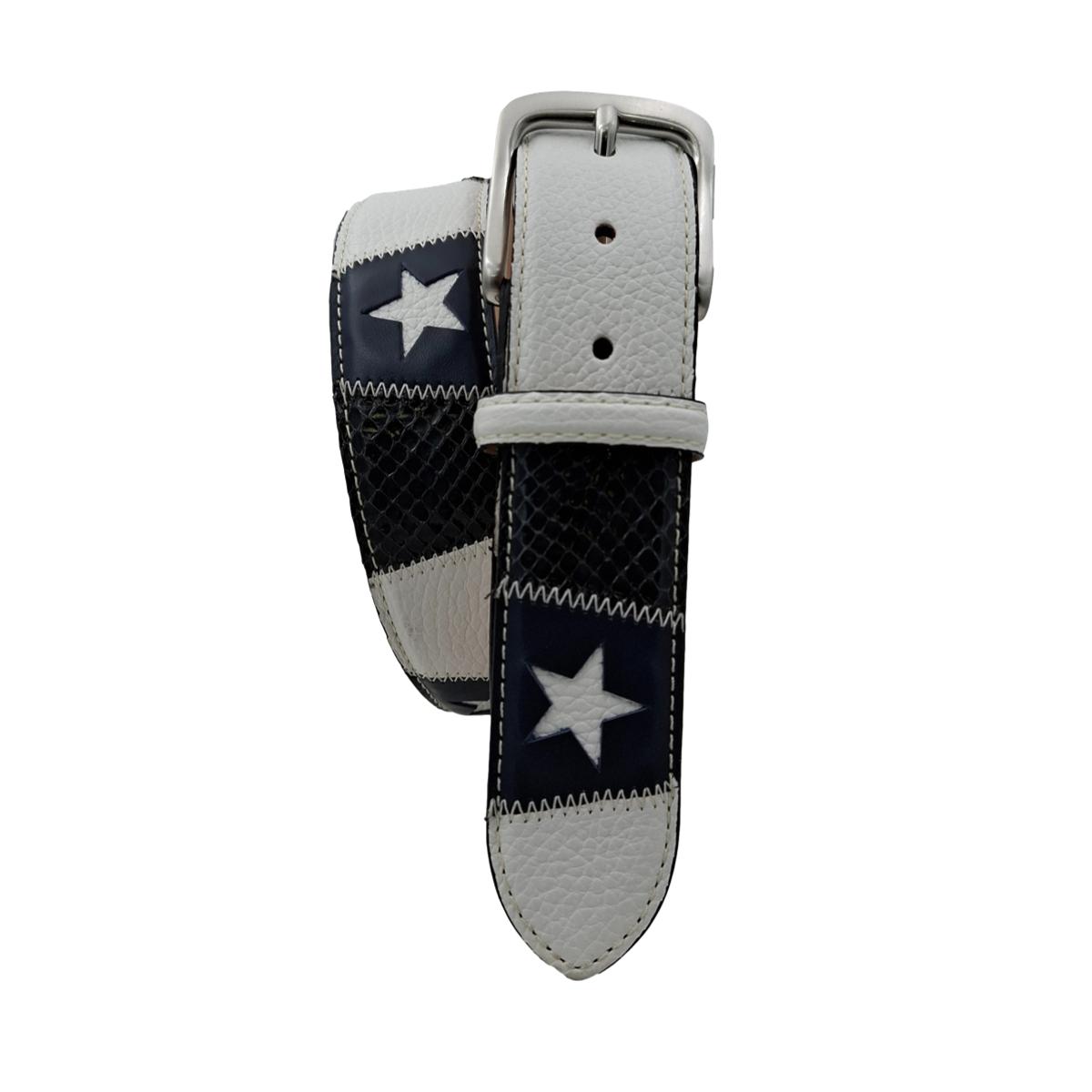 Stars Patch - Cintura 4 cm in pelle bianca martellata e vero pitone Blu scuro con stelle - ESPERANTOBELTS