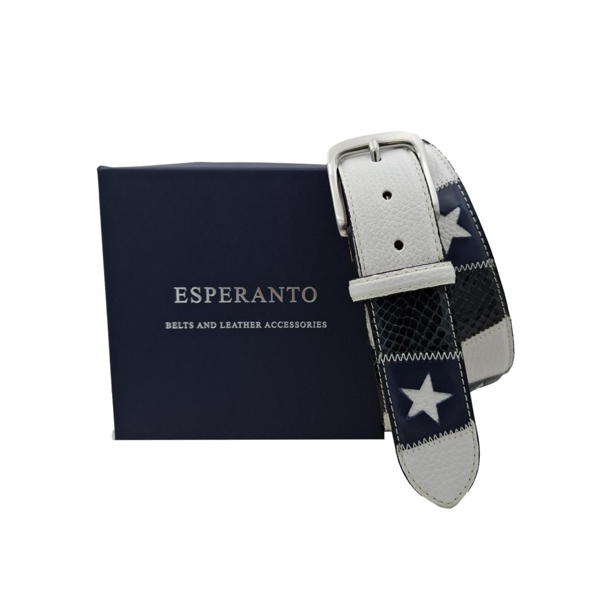 Stars Patch - Cintura 4 cm in pelle bianca martellata e vero pitone Blu scuro con stelle - ESPERANTOBELTS