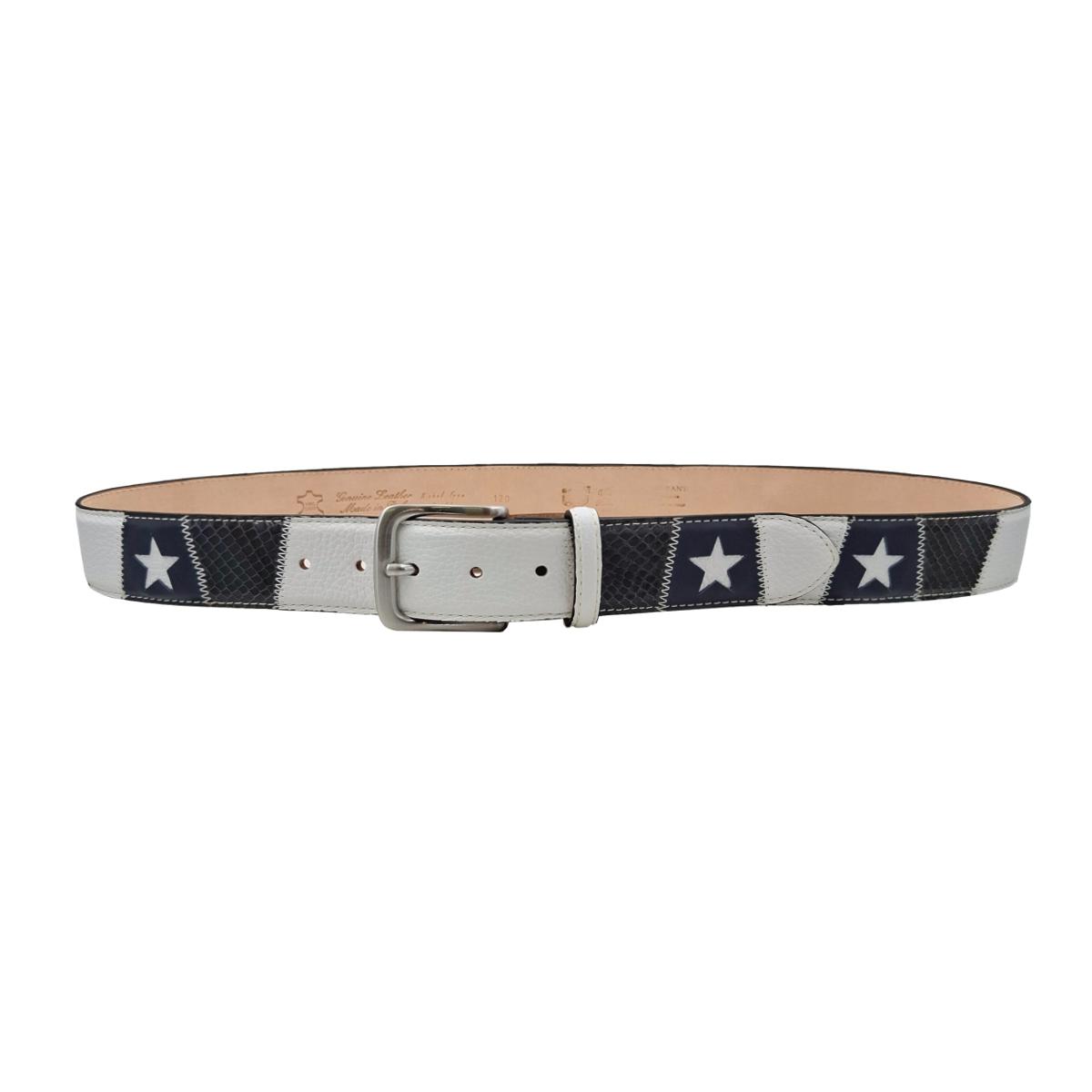 Stars Patch - Cintura 4 cm in pelle bianca martellata e vero pitone Blu scuro con stelle - ESPERANTOBELTS