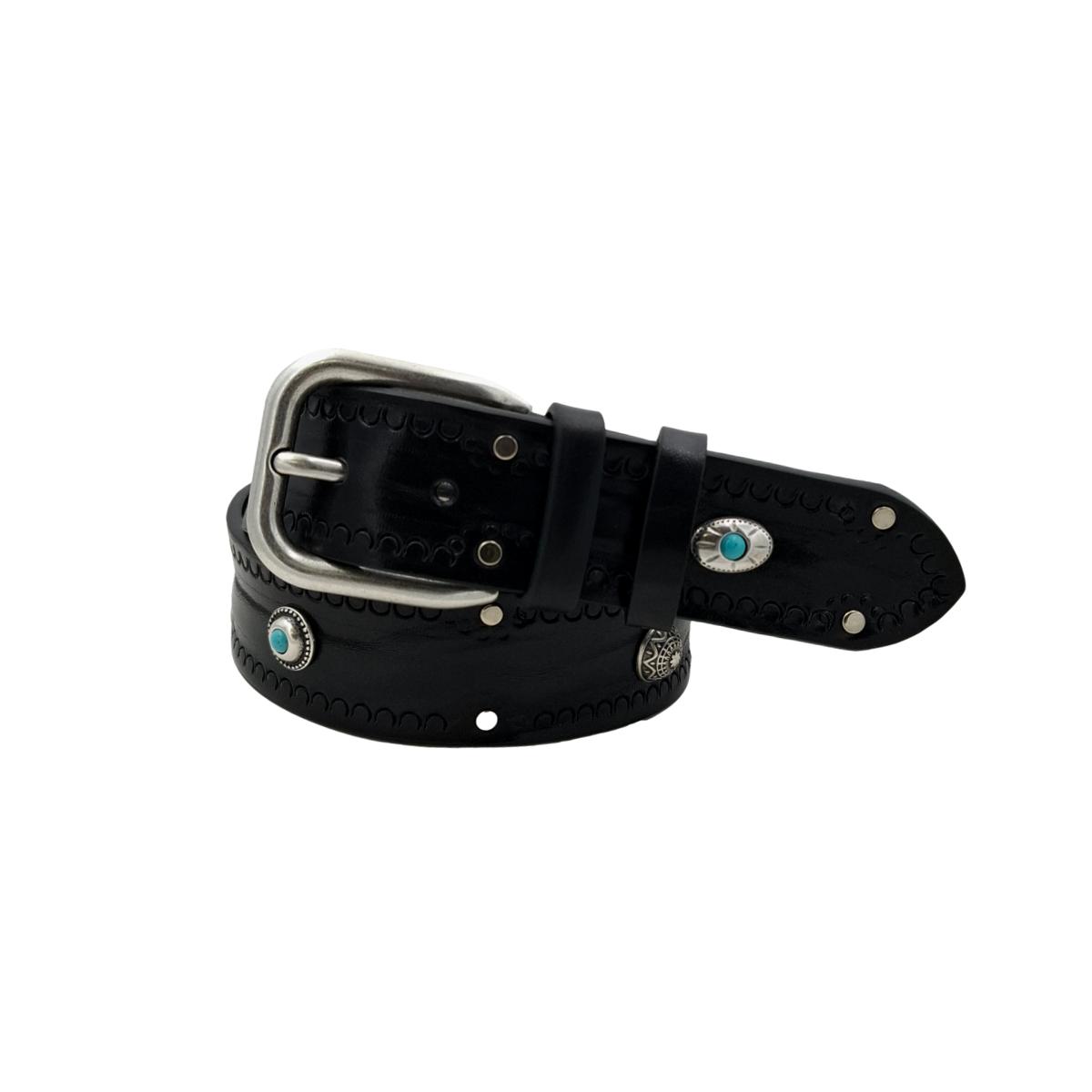 Bellagio - Cintura 4 cm in cuoio di toro con borchie argentate e pietre celesti