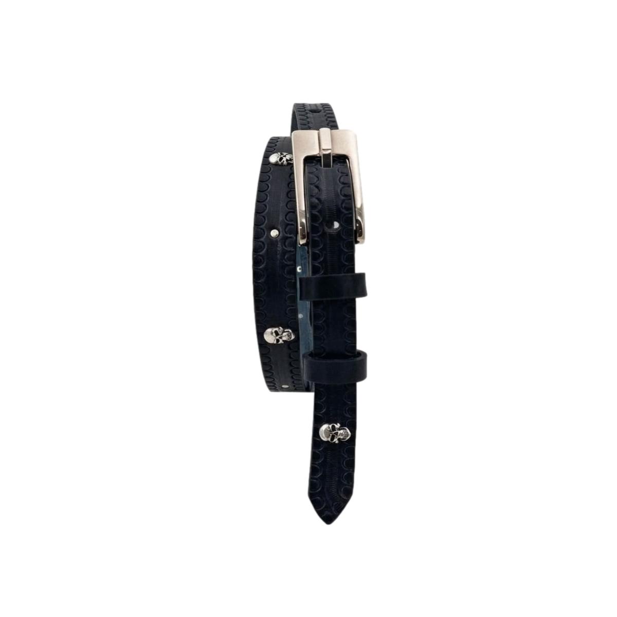 Black Skull Light - Cintura Nera 2,5 cm in cuoio di toro con borchie a teschio e fibbia a blocco