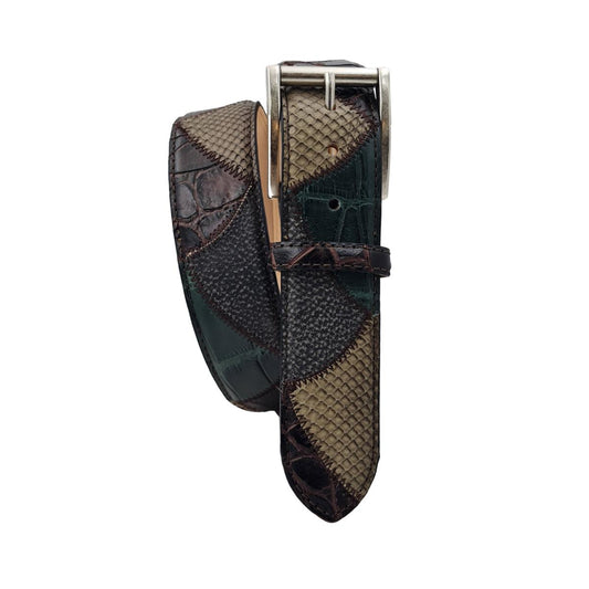 Military Vela - Cintura 4 cm Patchwork In Pitone e Coccodrillo con Fibbia in Ottone