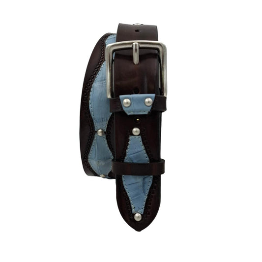 Desert Sky - Cintura 4 cm in vero cuoio e vero coccodrillo celeste con borchie metalliche