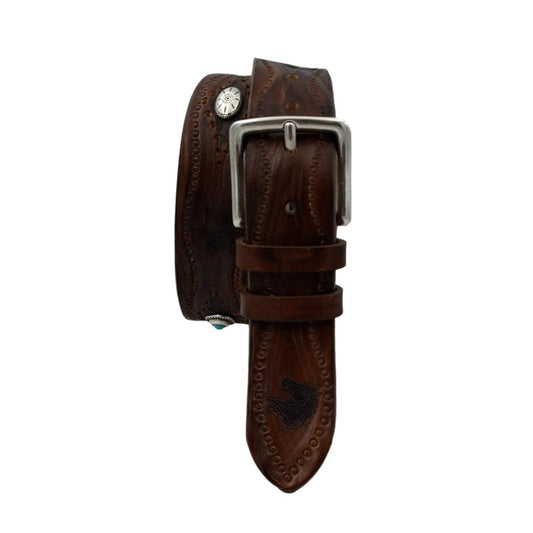 Caramel Horses - Cintura 4 cm Caramello con fibbia in ottone, borchie e ricami di cavalli - ESPERANTOBELTS