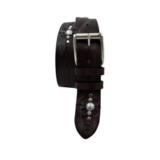 Marbles & Leather - Cintura 4 cm moro in vero cuoio con borchie sferiche e ricami - ESPERANTOBELTS