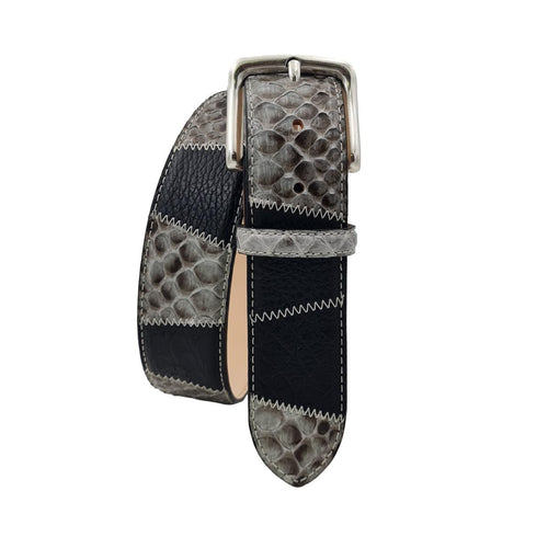 Nairobi - Cintura 4 cm con fibbia in ottone in pitone grigio lucido, Coccodrillo nero e vitello martellato
