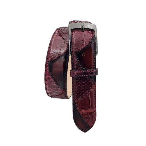 Vela Antiqued - Cintura 4 cm in Vero Pitone, Coccodrillo e cuoio anticato a mano - Porpora