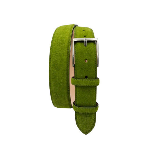 Cintura scamosciata 3,5 cm Verde Elettrico con fibbia argentata nichel free