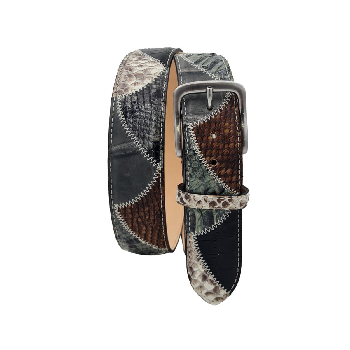Cintura 4 cm Patchwork con pitone, Coccodrillo e vitello, fibbia satinata nichel free