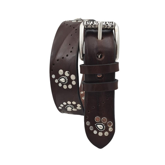 Cintura 4 cm in vero cuoio borchiato a spirali con fibbia lavorata a rullo - Moro - ESPERANTOBELTS