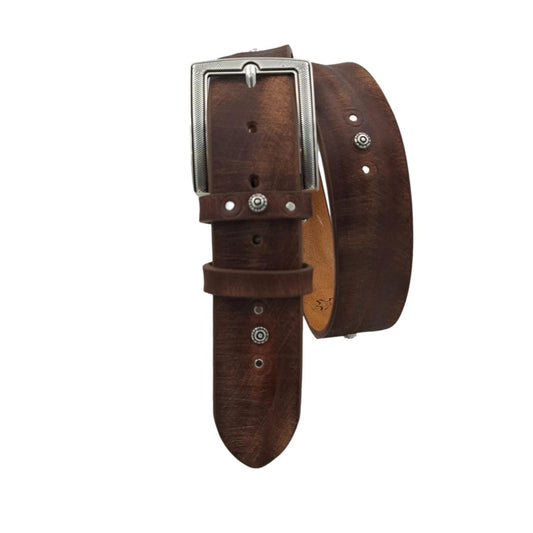 Washed Royal - Cintura in cuoio di toro Marrone effetto Washed con borchie e fibbia lavorata - ESPERANTOBELTS