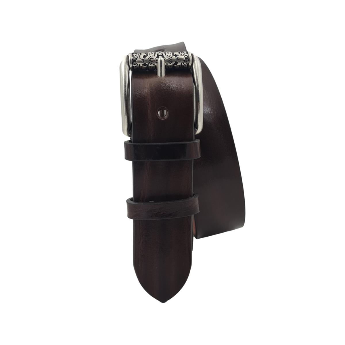 Cintura 4 cm in Vero Cuoio di Toro Grinzato con Fibbia a Rullo Ricamata - ESPERANTOBELTS